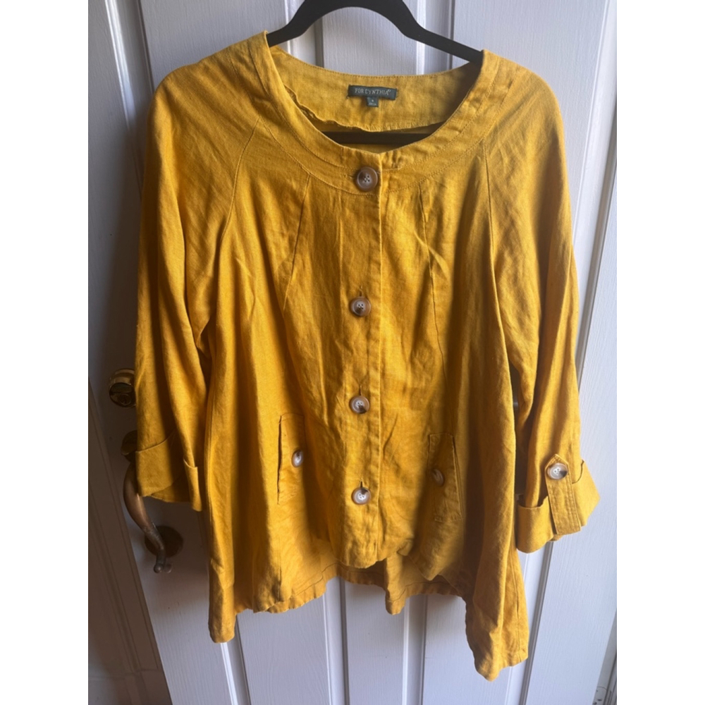For Cynthia Mustard Gold Yellow 100% Linen Button-Down Shirt, Size S